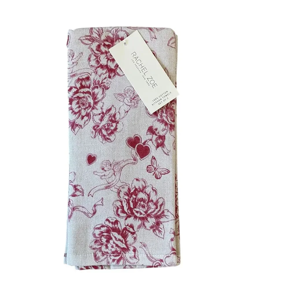 Rachel Zoe Valentine Kitchen Towels 20x28 Cotton Cupid Toile Red Beige 2pc NEW